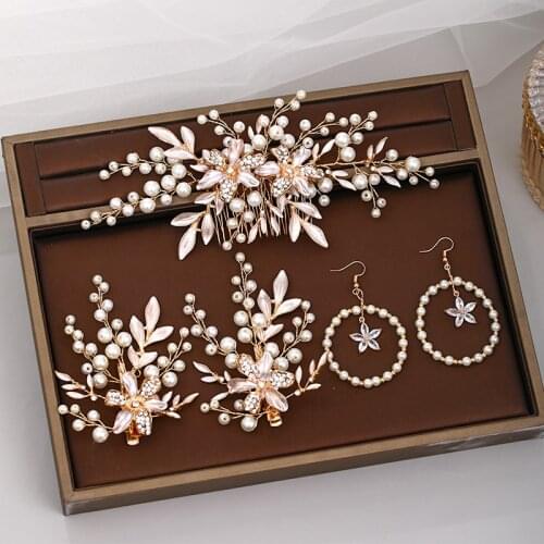 Five-Piece Fashion Wedding Hair Comb Flower Tiara Handmade Pearl Headdress Prom Earrings Hair Clip Bridal Hair Jewelr