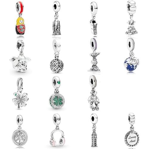 NEW 2019 100% 925 Sterling Silver Dumbo 60 Pink Headphones Dazzling Lucky Pendant Charm Fit DIY Original Women Bracelet Jewelry