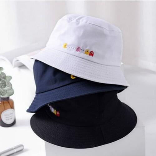 Embroidery Cartoon White Bucket Hat For Women Men Cotton Spring Summer Panama Cap Outdoor Fishermen Hat Male Fishing Cap