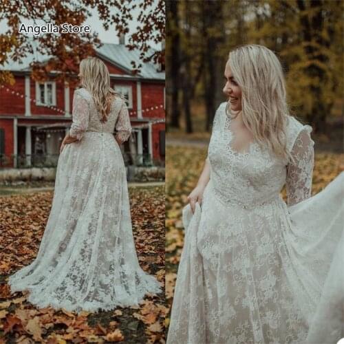 Plus Size Lace Country Wedding Dresses For Bride Hlaf Sleeve V-Neck Open Back Boho Beach Bridal Gowns Sweep Train Custom Made