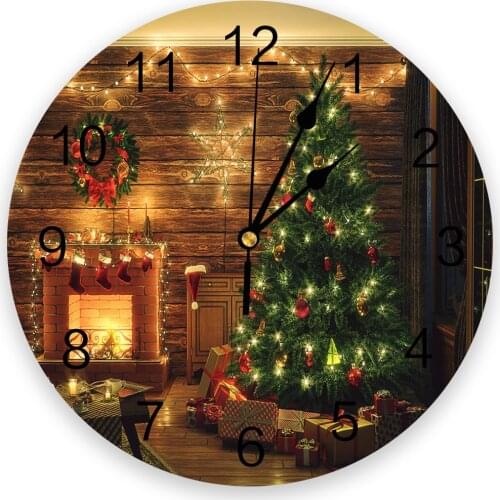 Christmas Room Christmas Tree Fireplace Living Room Clock Wall Round Clocks Decor Home Bedroom Kitchen Decoration Wall Clocks