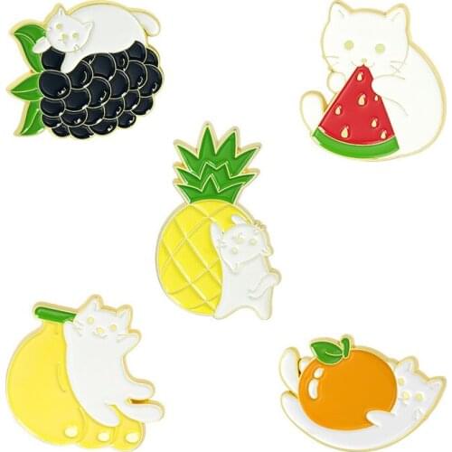 Cartoon Fruit Cats Enamel Pins Pineapple Blueberry Banana Watermelon Orange Brooch Bag Lapel Badge Jewelry Gift for Kids Friends