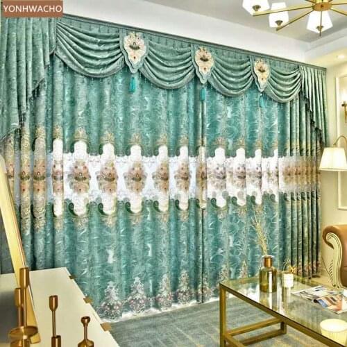 Custom curtains luxury chenille living room hollow embroidered screen green cloth blackout curtain valance tulle drape C897