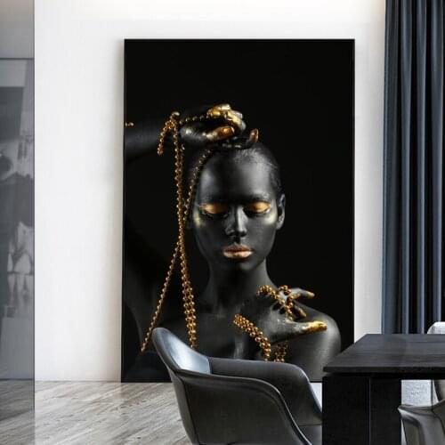Modern Black Golden Nude African Women Oil Painting on Canvas Posters and Prints Scandinavian Wall Art Picture for Living Room