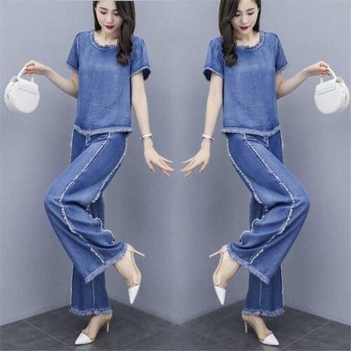 Tracksuit For Women 2019 Summer New Womens Loose Large Size Crop Tops+Denim Pants Suit Female Plus Size Fashion Two Piece Sets