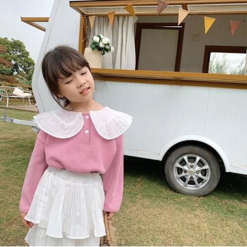 2021 Spring Korean Girls Lace Collar Sweatshirt T Shirt Sweet Childrens Bottoming T Shirt Baby Girl Peter Pan Collar T Shirt