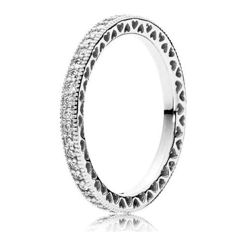 100% 925 Sterling Silver Pan Ring Stackable Hearts With Crystal Rings For Women Wedding Party Gift Fashion Jewelry