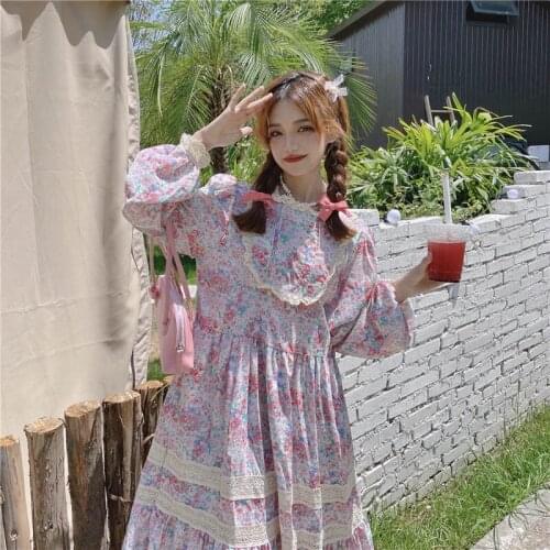 Japanese Lace Princess Dress Women Clothing Elegant Ruffled Collar Floral Printed Long Dress 2021 Fall Mori Girl Ruffles Dresses