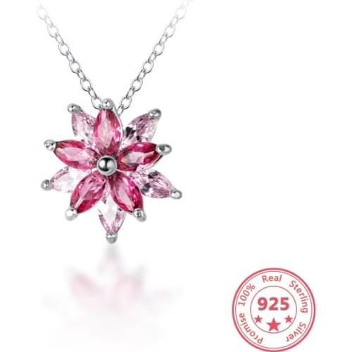 Womens Korean Style S925 Sterling Silver Necklace Fresh Pink Sweet Five Petal Flower Zircon Clavicle Chain Gift Fine Jewelry