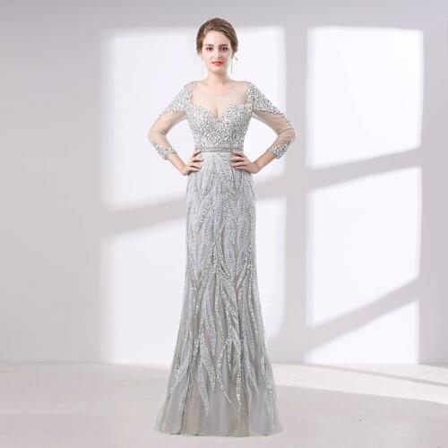 Elegant Silver Evening Dress 2020 Mermaid Long Sleeves Sheer Neck Luxury Beaded Crystal Women Prom Evening Gown Robe De Soiree