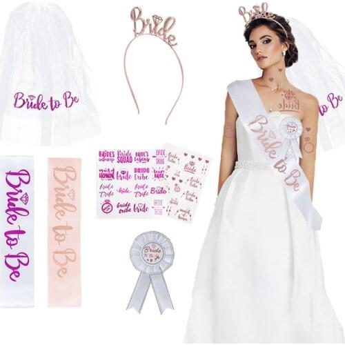 1set Bride To Be Badge Bridal Veil Crown Sash Headband Bachelorette Party Bridal Shower Hen Party Supplies Wedding Decoration