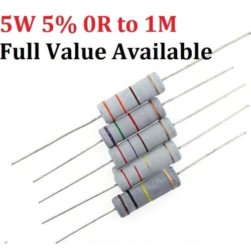 10pcs 5W (0R ~ 1M) 10K ohm Carbon Film Resistor 0.5R 0.1R 220R 4.7k 2.2K 1K Metal film 5/6/7/8/9.0.1.2.3.4.5.6.7./R/K Free Ship
