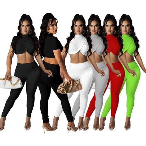 2021 Summer Fashion Women Tracksuits Solid Short Sleeve Hollow Out Crop Top And Long Skinny Pants Fashion Two Piece Set S-XXL