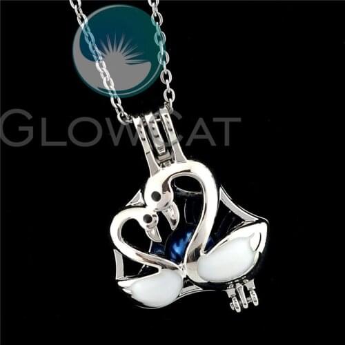 White Enamel Lover Swan Beads Cage Pendant Essential Oil Diffuser Pearl Cage Locket Necklace R-K1069