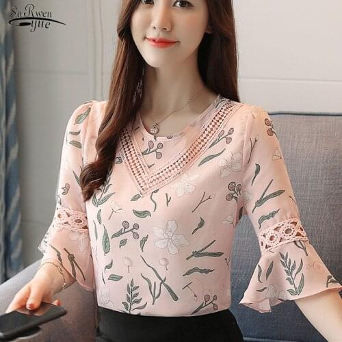 Blusas 2021 Chiffon Blouse Women Casual Shirt Flare Sleeve Summer Women Tops Fashion Print Chiffon Women Blouses Shirts 0278