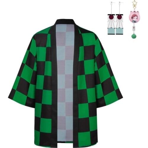 Kamado Tanjirou Haori with Earrings Keychain Kimetsu no Yaiba Cloak Short Demon Slayer Kimono Uniforms anime Cosplay Capes