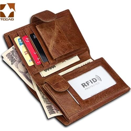 Genuine Leather RFID Purse Real Cowhide 3 fold Purse short Designer Cash Coin Pocket Card Holder Clutch Bag Vintage Male Wallet