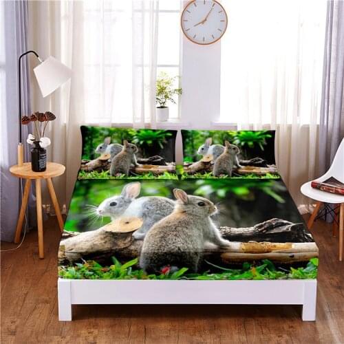Rabbit 3pc Polyester Solid Fitted Sheet Mattress Cover Four Corners With Elastic Band Bed Sheet(2 pillowcases)