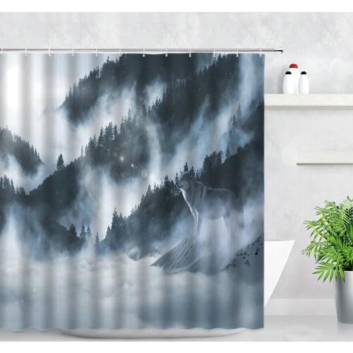 Landscape Shower Curtains Mountain Forest Tree Fog Wolf Natural Scenery Waterproof Home Bathroom Decor Screens Bath Curtain Set