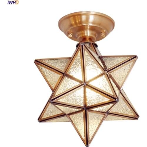 IWHD Star Shape Copper LED Ceiling Lights Fixtures Hallway Balcony Porch Copper Glass Vintage Ceiling Light Lamparas De Techo