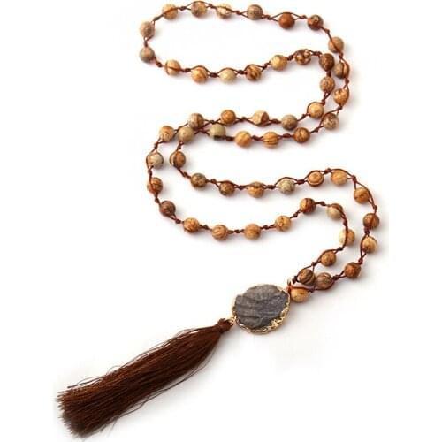 MOODPC Fashion Picture Stones Knotted Rope Druzy Link Long Tassel Necklace Handmade Women Natural Stone Necklace