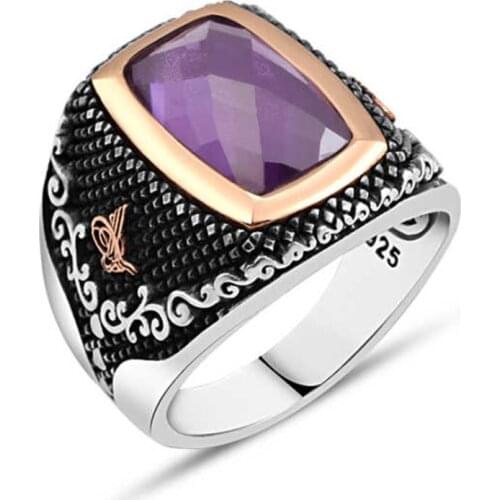 Cut Amethyst Gemstone Silver Men 'S Ring