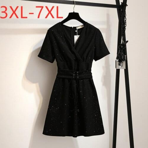 New 2021 summer plus size mini dress for women large short sleeve loose black sequin V neck dresses belt 3XL 4XL 5XL 6XL 7XL
