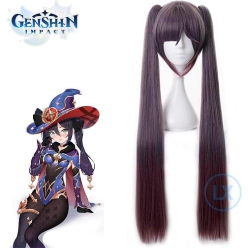 Game Genshin Impact Cosplay Wigs Mona Wig Halloween Anime Cosplay Long Straight Double Ponytail Heat Resistant Synthetic Hair