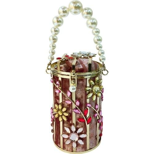 Luxury Diamond Metal BucketParty Clutch Bag Evening Bag For Women Flower Pearl Purse Handbags Shoulder Chain Bag Designer Bag