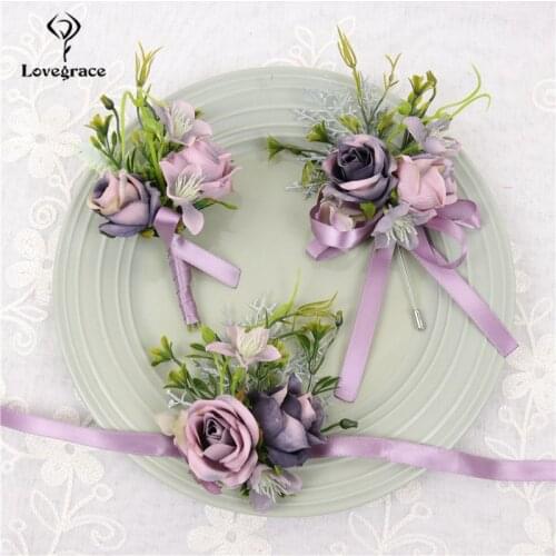 Silk Roses Wedding Boutonnieres for Groom Best Man Bridesmaids Wrist Bracelet Hand Flower Prom Party Suit Decor Wedding Flower