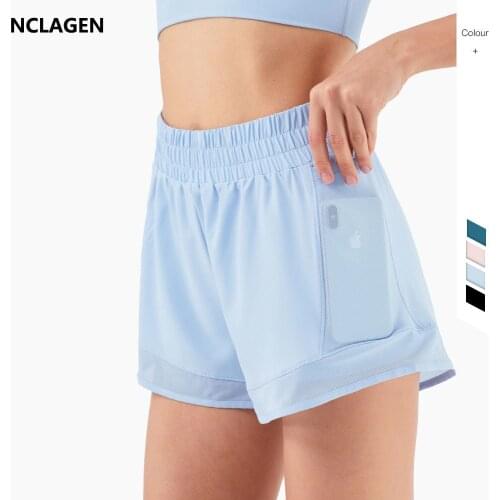 NCLAGEN Leisure Sports Short Summer Yoga Shorts Pocket Elastic High Waist Elastic Loose Running Joggers Mesh Gym Workout Bottoms