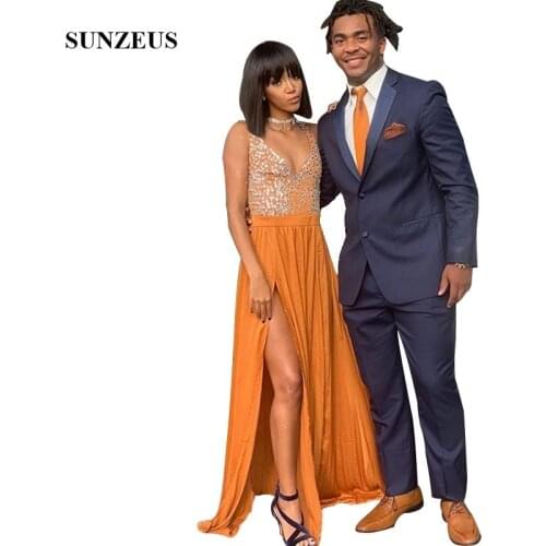 Rhinestones Beaded Prom Dresses Orange Chiffon Party Gowns Long A-line V-neck Side Split Women Dress Dance Wear