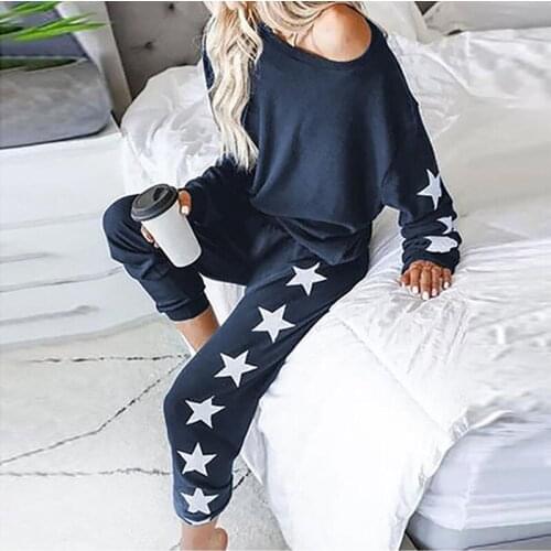 Spring Autumn Womens Homewear Sweatshirt Large Size Star Print Loose Fashion Two-piece Sports Suit Outfit For Ladies Casual