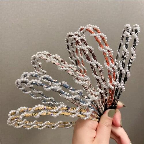 Spring Summer Travel Vintage Hairbands Women Print Flower Fabric Pearl Sweet Headbands Double Row Hair Accessories 6 Colors