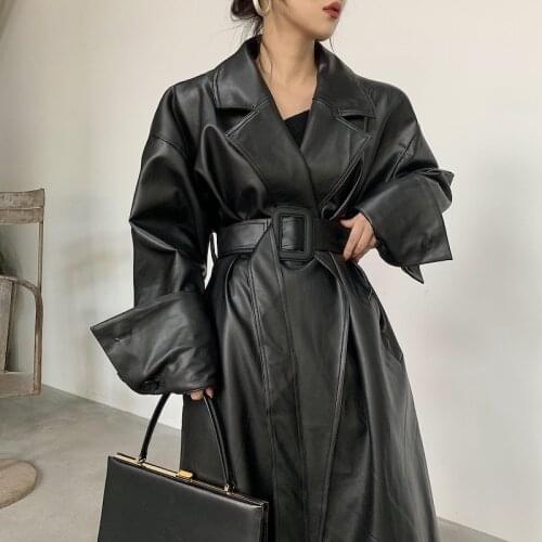 Long oversized leather trench coat for women long sleeve lapel loose fit Fall Stylish black women clothing streetwear jacket