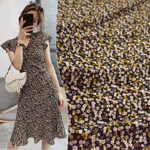 Fashion Black Bottom Ginger Yellow Small Floral Korean Silk Fabric Dress Pants Shirt Womens Handmade DIY Fabric