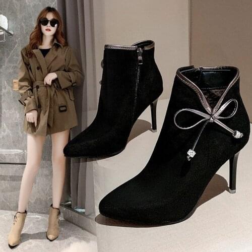 Women Boots Corduroy Butterfly-knot Boots Sexy High Heels Party Shoes Winter plus velvet Keep Warm Female Boots zapatos de mujer
