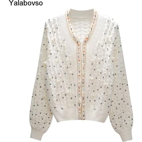 Beaded Short Knitted Jacket Women 2020 New Small Fresh Long Sleeve Cardigan Oversized Sweater Korean Fashion