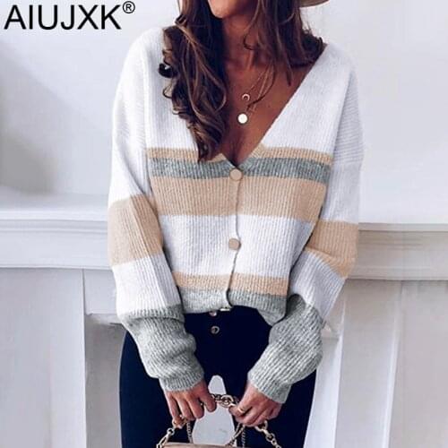 AIUJXK Color Block Knitwear Women New Arrival 2020 Autumn Winter V Neck Cardigans Striped Casual Sweaters Female Knitted Tops