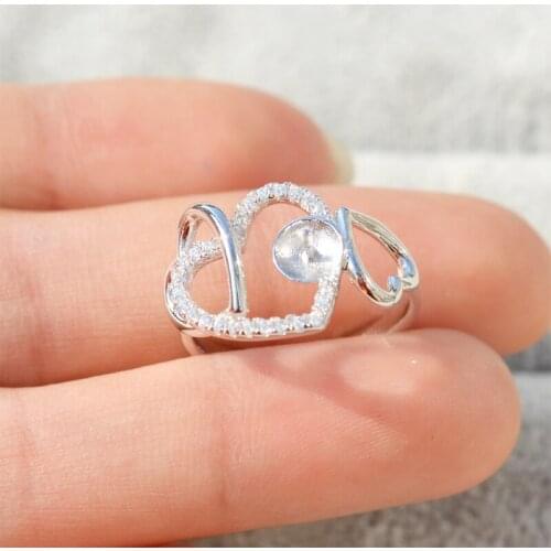 QIAOBEIGE 925 Sterling Silver Women Charming Adjustable Lovely Heart Shape Ring Accessories for Diy Making Pearl Jewelry