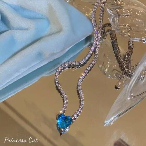 2021 New Y2K Style Zircon Heart-shaped Geometric Necklace Blue Hip-hop Necklace for Woman Temperament Jewelry Wholesale