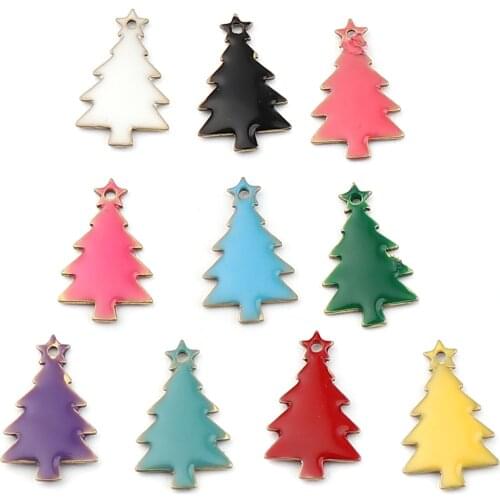 10 PCs Enmel Christmas Tree Charms Copper Double sided Enamelled Sequins Pendants Brass Color For Xmas Jewelry Making 14*7mm