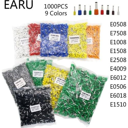 1000pcs/Pack E0508 E7508 E1008 E1508 E2508 Insulated Ferrules Terminal Block Cord End Wire Connector Electrical Crimp Terminator