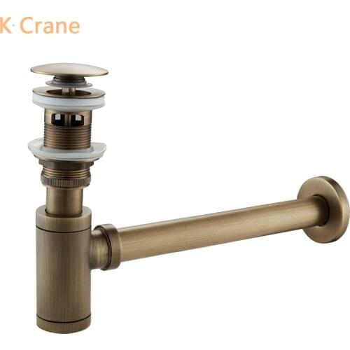 Antique Gold Basin Bottle Trap Bathroom Wall Mount Brass Drain Pop Up Siphon Drains Waste Water Stopper Retro Bottle P-Trap Pipe