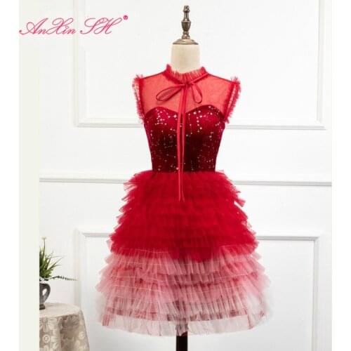 AnXin SH Luxury princess star red lace party vintage high neck sleeveless illusion bow short evening dress little red dress