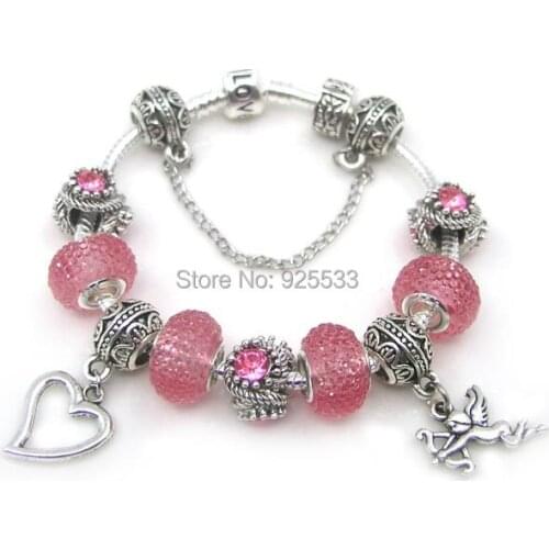 Free shipping 17-21cm silver plated copper snake chain alloy pink rhinestone resin big hole charms fashion bracelet