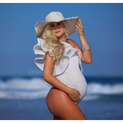 Slash Neck Maternity Photography Bodysuits Body-con Single Shoulder Ruffles Sleeve Pregnancy Photography Bodysuit