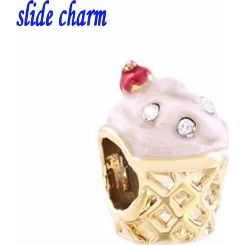 Slide charm Free shipping Unique personality fashion gift gilded ice cream pink enamel charm beads fit Pandora bracelet