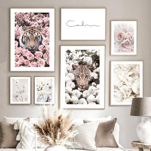 Blooming White Rose Leopard Pink Flower Tiger Wall Art Canvas Painting Nordic Posters And Prints Decor Pictures For Living Room