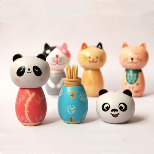 Wooden Toothpick Holder Chinese Style Cartoon Panda Cat Multiple Styles 5*9cm Wood Toothpick Holder Home Storage Ornaments